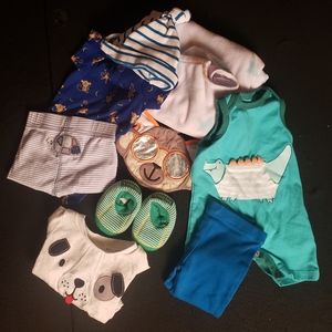 Lot of Newborn to 3Mo Onesies, Pants, & Accessories + 1 6Mo to 1 Yr Sleep Sack